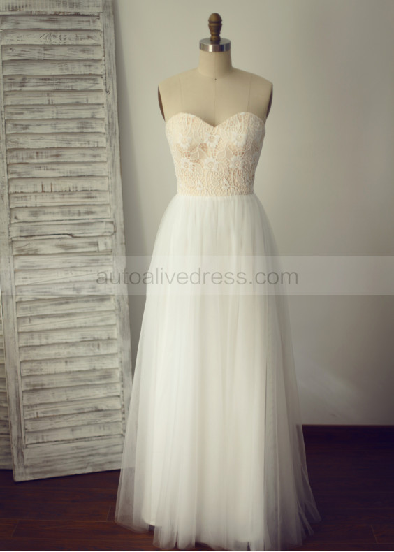 Strapless Sweetheart Ivory Lace Tulle Minimalist Wedding Dress